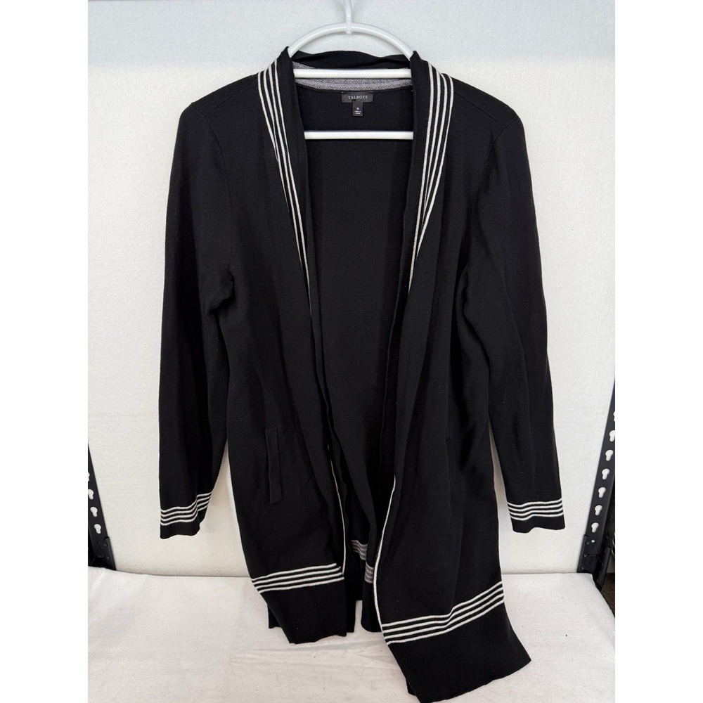 NWOT Talbots Black And White Trim Long Open Cardigan Sweater Size Medium